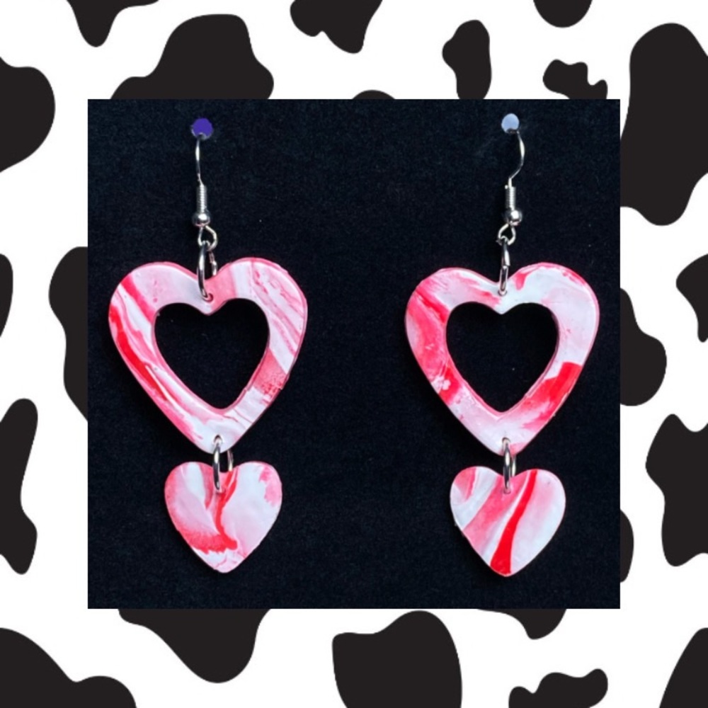 Red and White Dangley Heart Earrings